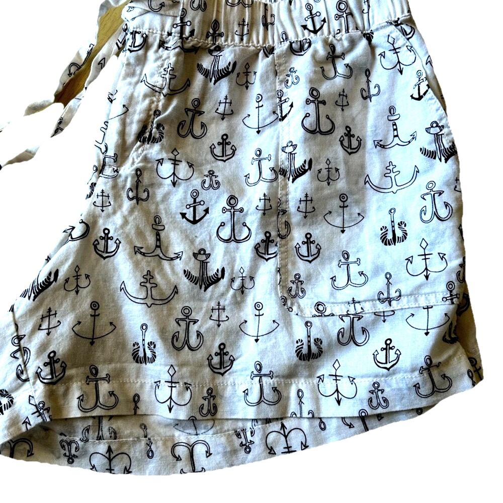 NAUTICAL BOAT ARCHOR PRINT Linen Shorts XL WHITE Blue Elastic Waist Beach Lounge